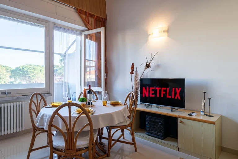 Comedor con mesa redonda vestida con vajilla y copa de vino. Sillas de mimbre, televisor con Netflix en mueble de madera y gran ventana con vista exterior.