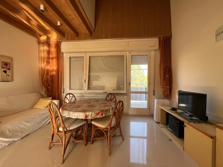 Sala con iluminación cálida, muebles de madera clara y decoración rústica. Mesa con sillas de mimbre, televisor pequeño y puerta con acceso al exterior.