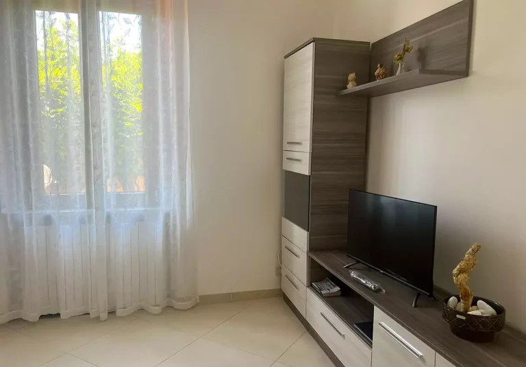 Sala de estar con ventana, cortinas transparentes, mueble de madera oscura, televisor, adornos y luz natural.