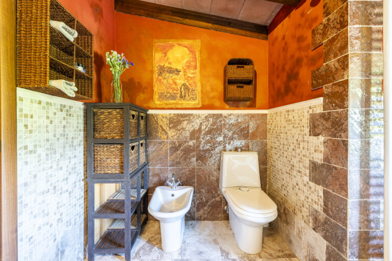 Baño con paredes naranjas y mosaicos, inodoro, bidé, estanterías de mimbre y decoración rústica.